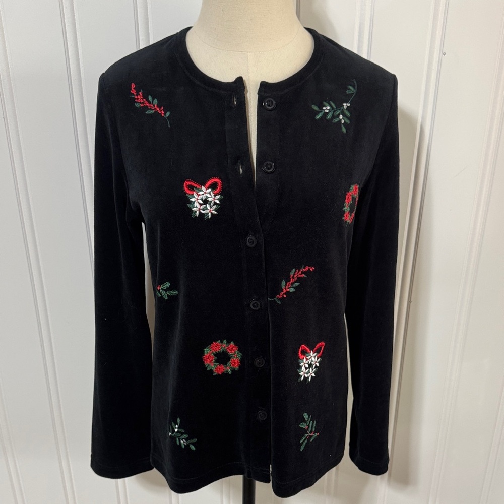 Tog Shop Black Velour Christmas Button Down Christmas Cardigan size S